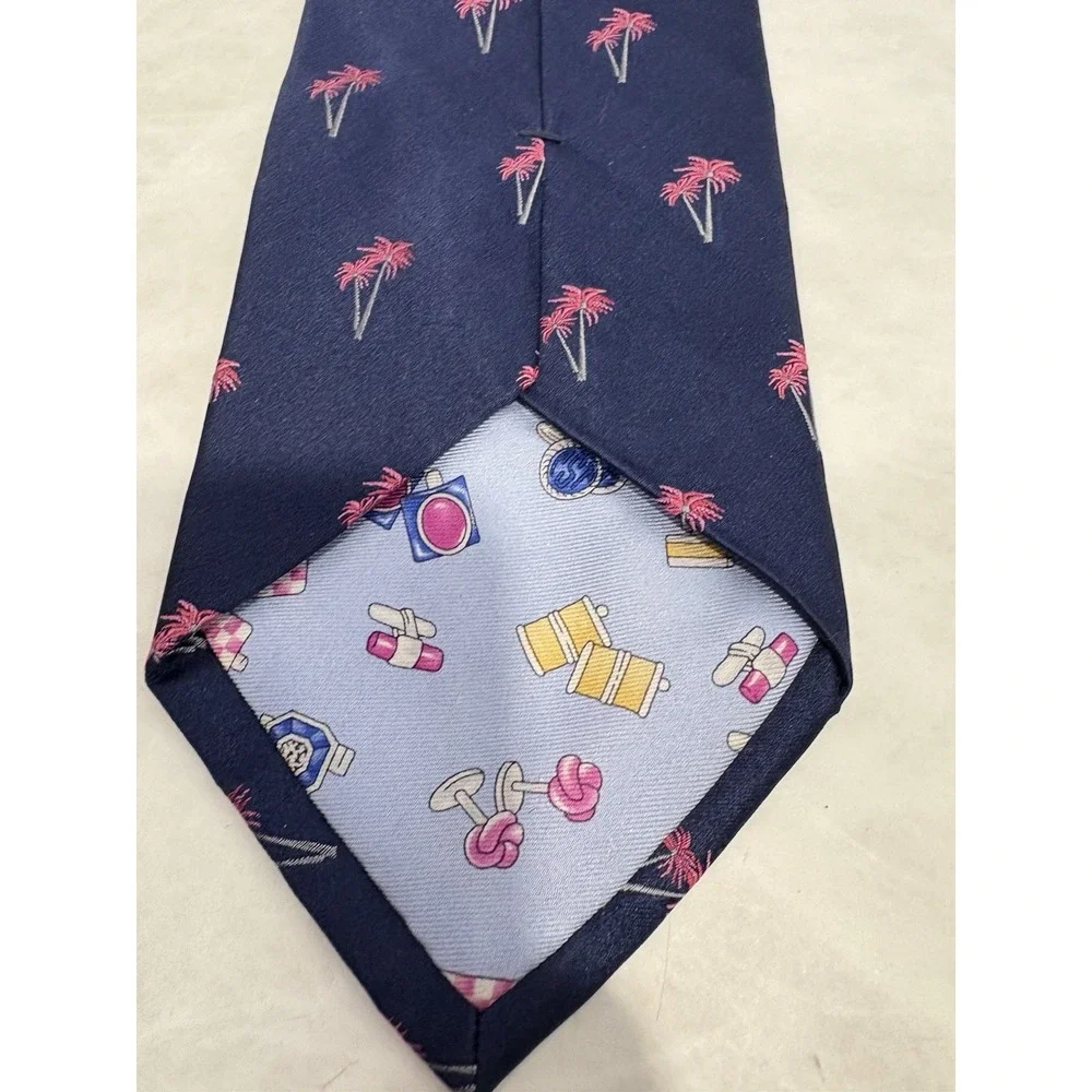 Nicole Miller New York Palm Tree Silk Tie Navy Blue Pink Novelty‎ Necktie Beach